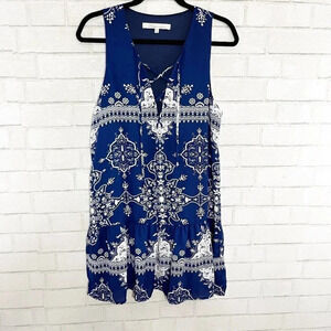 Lovers + Friends Blue & White Sleeveless Ruffle Hem Mini Dress Women's Medium